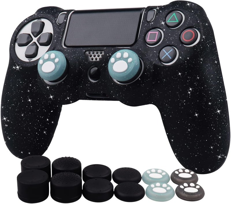 RALAN Controller Skin for PS4 Slim/Pro - Glitter Anti-Slip Silicone Cover - Compatible with PS4 Wireless/Wired Gamepad - 4 Cat Paw Thumb Grip Caps & Black Pro Thumb Grip x 8 - Image 1